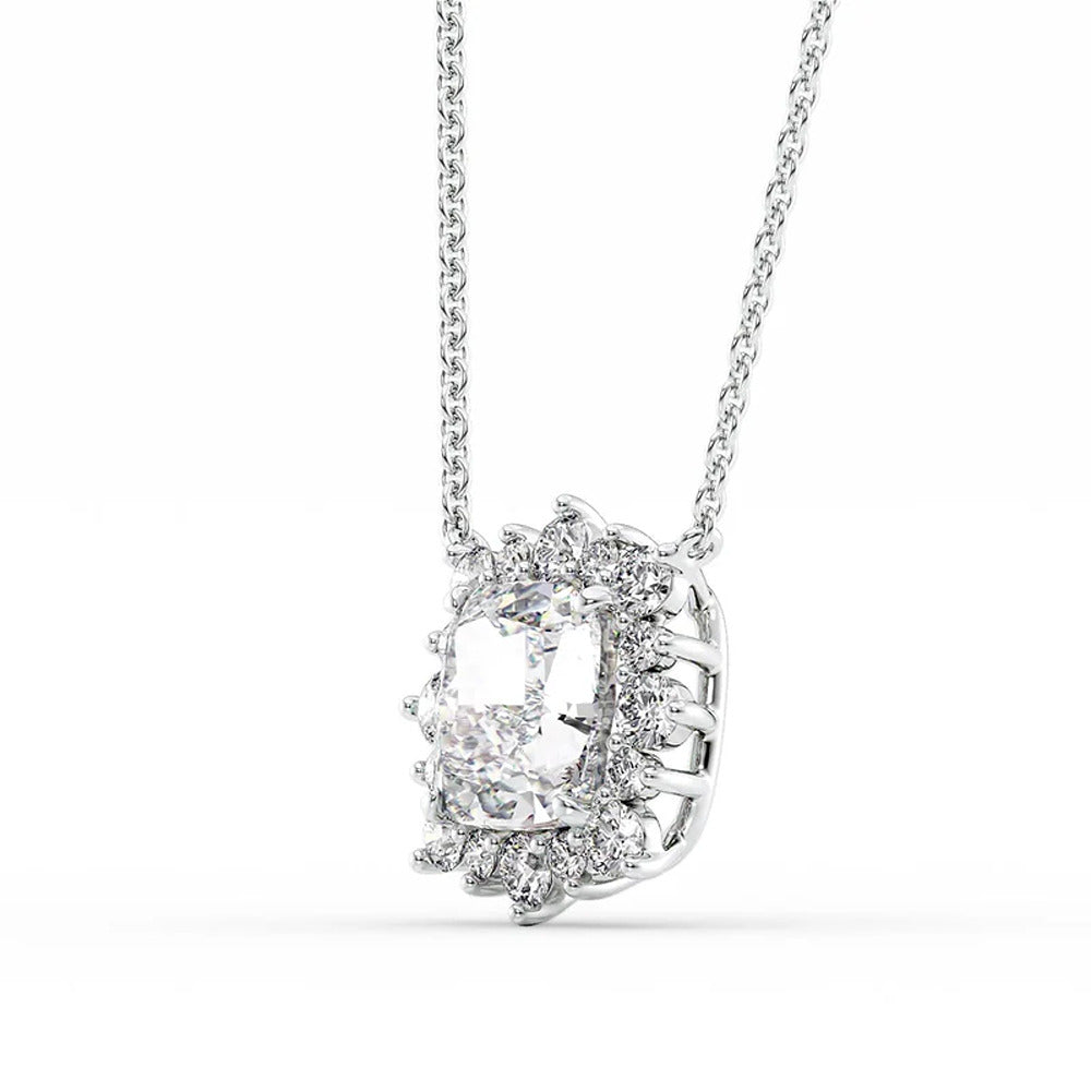 Lab Created Moissanite Cushion Cut Floral Halo Pendant