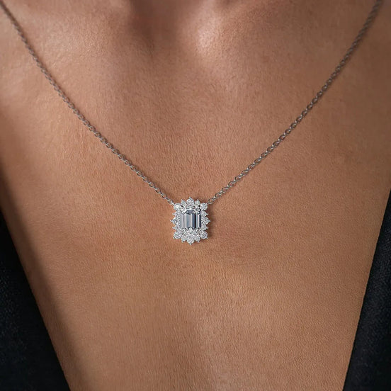 Vintage Halo Emerald Cut Moissanite Pendant