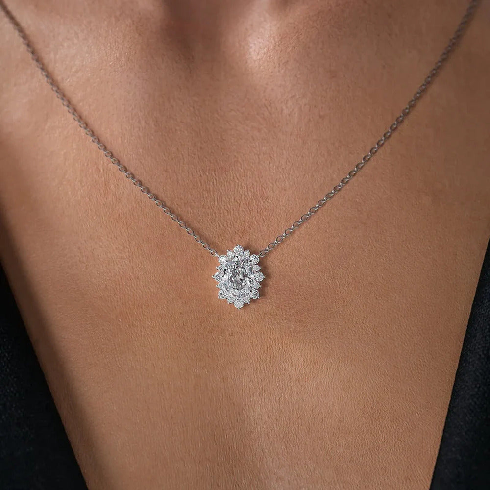 Lab Created Moissanite Oval Cut Floral Halo Pendant For Her