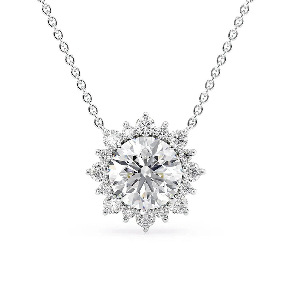D Color Moissanite Round Cut Floral Halo Pendant For Women
