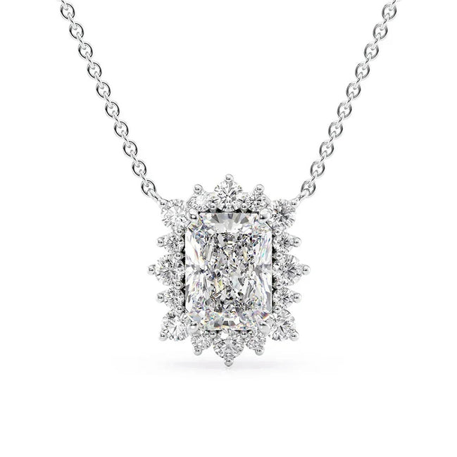 925 Silver Radiant Cut Floral Halo Pendant