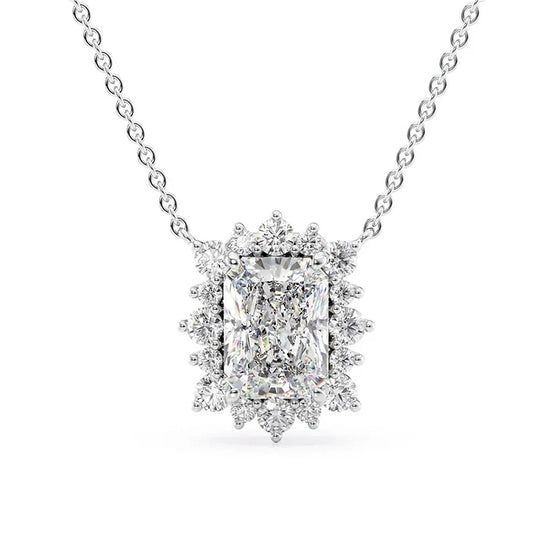 925 Silver Radiant Cut Floral Halo Pendant