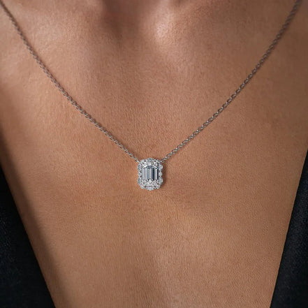 D Color Moissanite Emerald Cut Unique Halo Pendant For Her