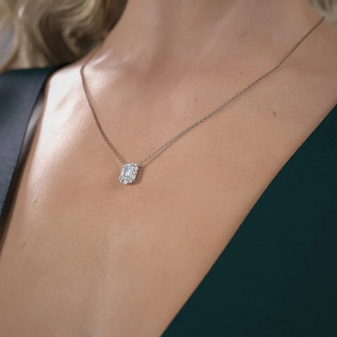 D Color Moissanite Emerald Cut Unique Halo Pendant For Her