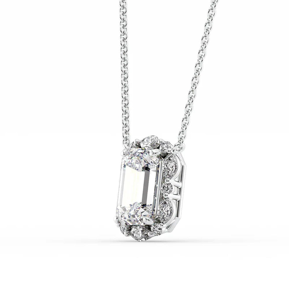 D Color Moissanite Emerald Cut Unique Halo Pendant For Her