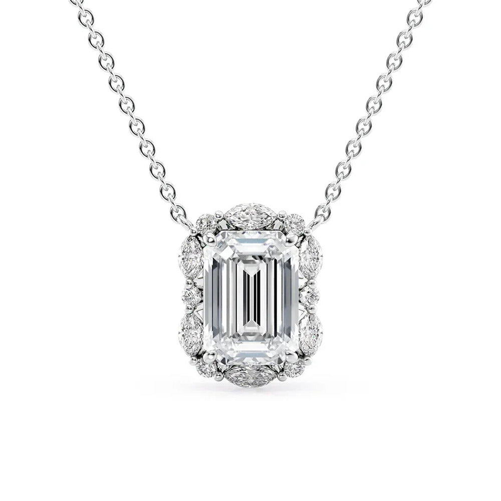 D Color Moissanite Emerald Cut Unique Halo Pendant For Her
