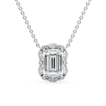 D Color Moissanite Emerald Cut Unique Halo Pendant For Her