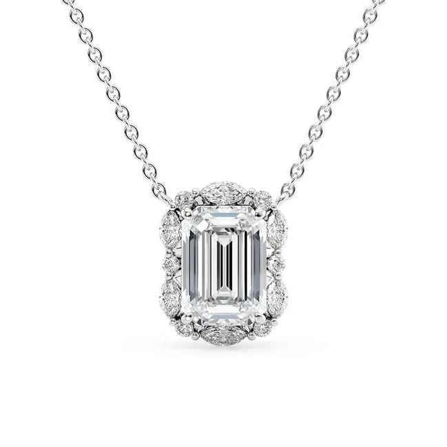 D Color Moissanite Emerald Cut Unique Halo Pendant For Her