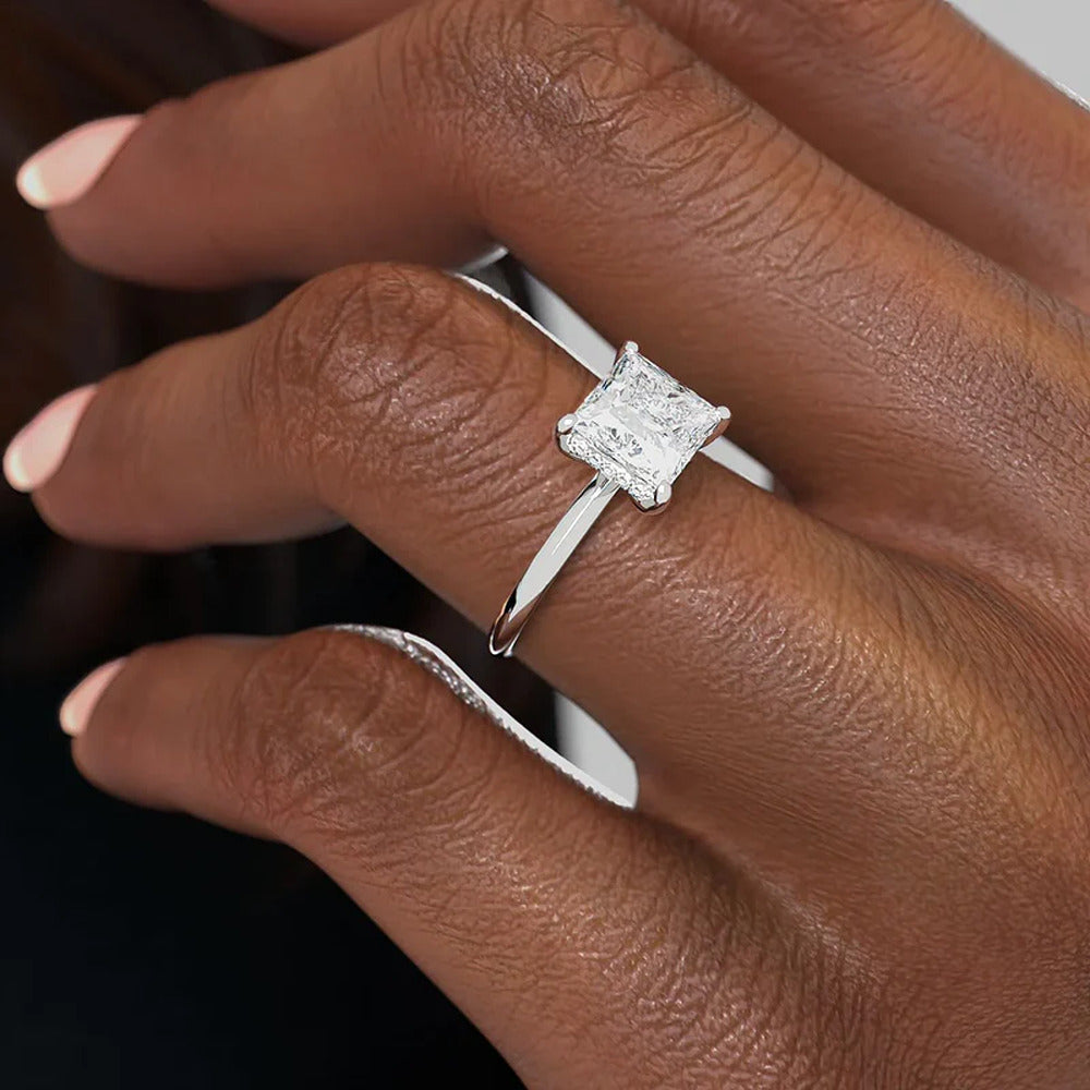 Knife Shank Princess Cut Moissanite Hidden Halo Engagement Ring