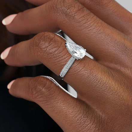 Knife Shank Hidden Accent Moissanite Pear Cut Wedding Ring
