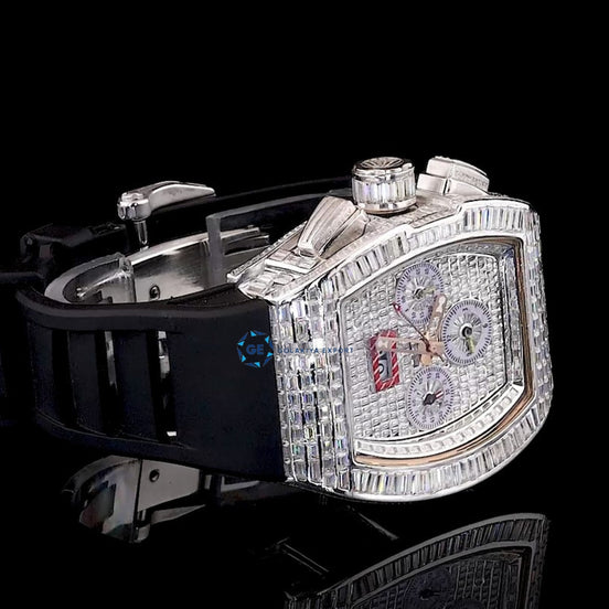 Baguette Cut Moissanite Rubber Strap Wrist Watch