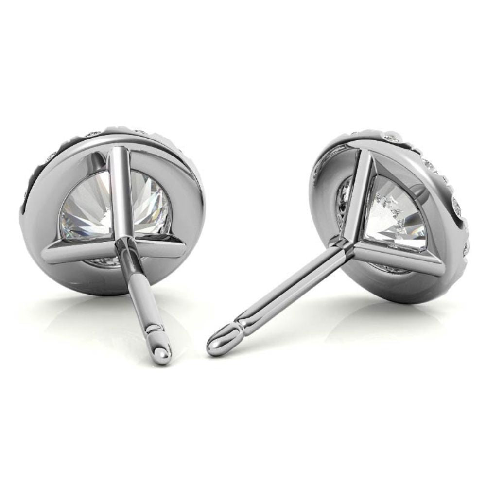 Three Prong Set Moissanite Round Cut Halo Earrings in White Gold