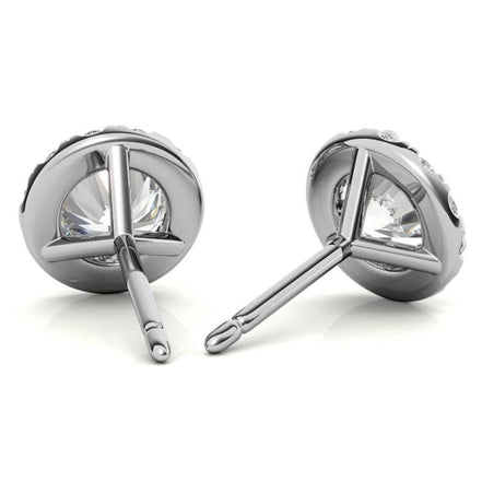 Three Prong Set Moissanite Round Cut Halo Earrings in White Gold