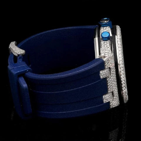 Chrono Dial Blue Rubber Strep Moissanite Diamond Watch