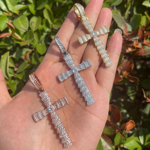 Baguette Moissanite Hip Hop Bling Cross Pendant Chain