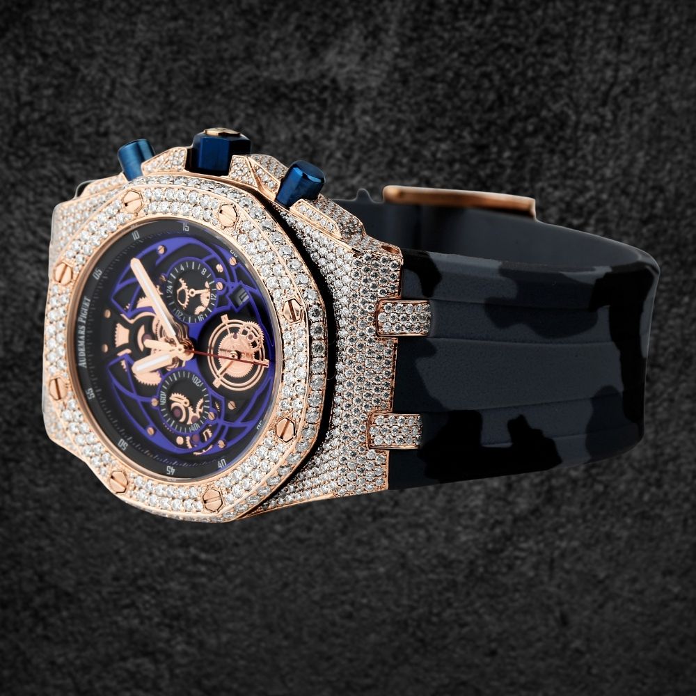 Rubber Strap Iced Out Moissanite Diamond Wrist Watch