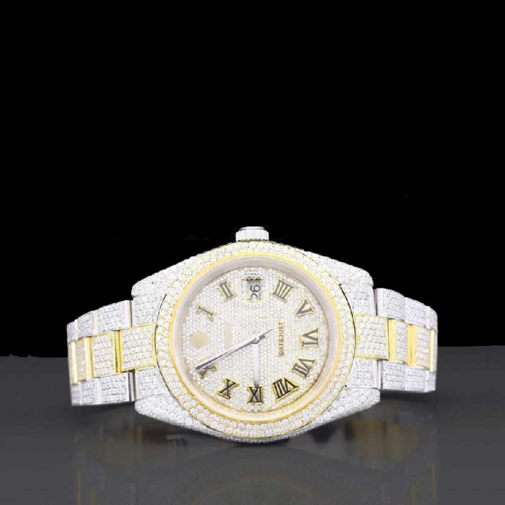 Dual Tone Roman Dial Iced Out Moissanite Expensive Watch