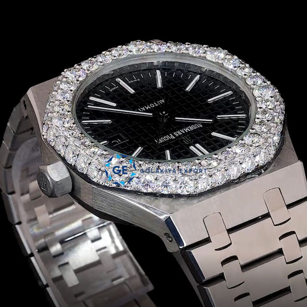 Iced Out Moissanite Stylish Black Dial Stainless Steel Wrist Watch