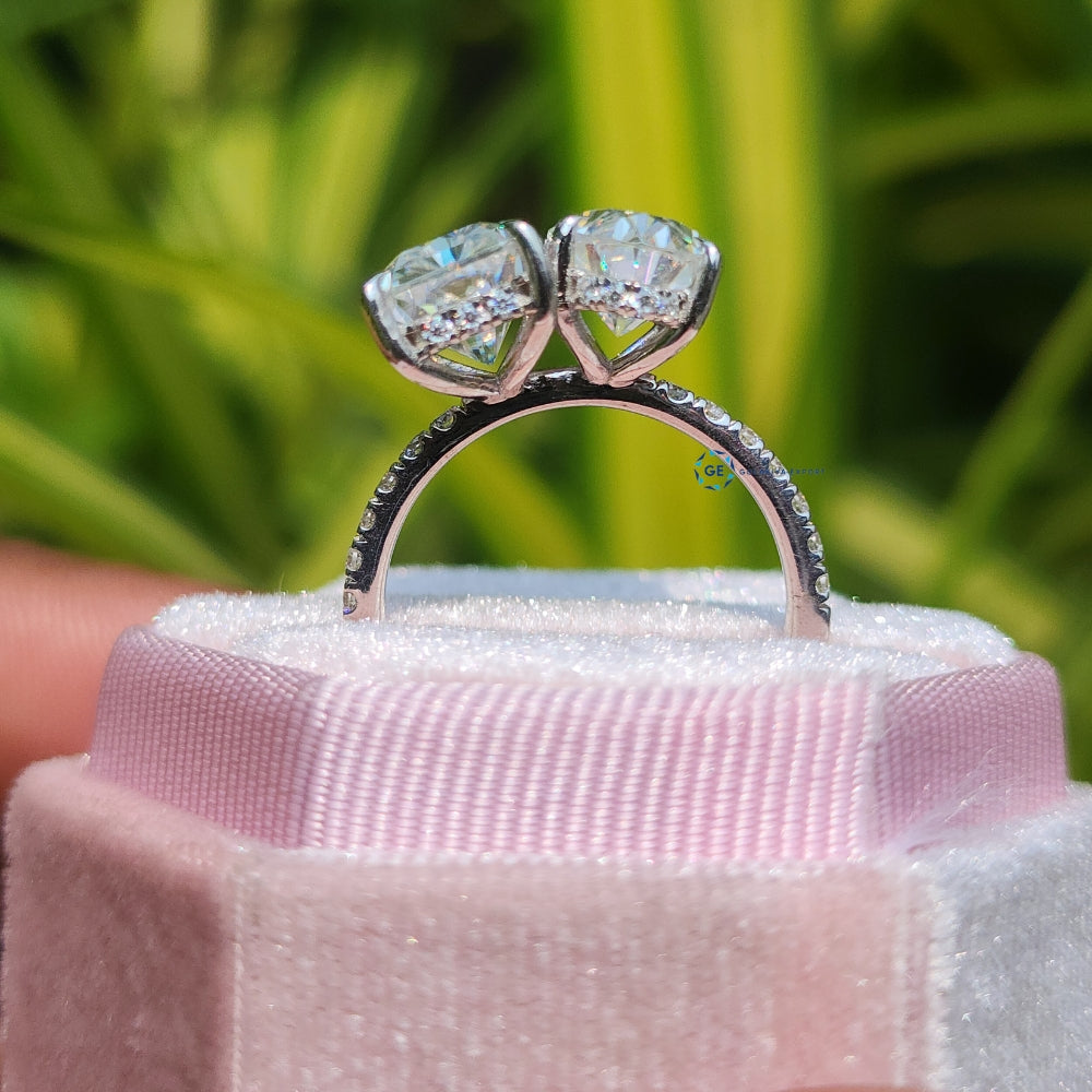Two Stone Oval & Radiant Cut Hidden Halo Engagement Ring