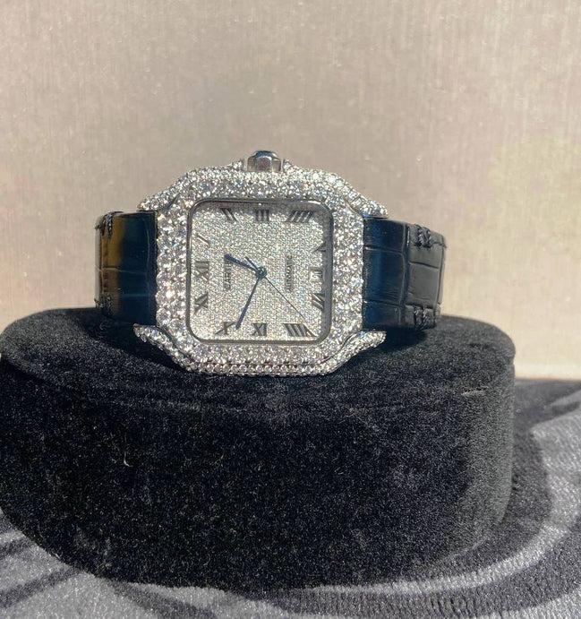 Black Leather Belt Moissanite Diamond Hip Hop Watch