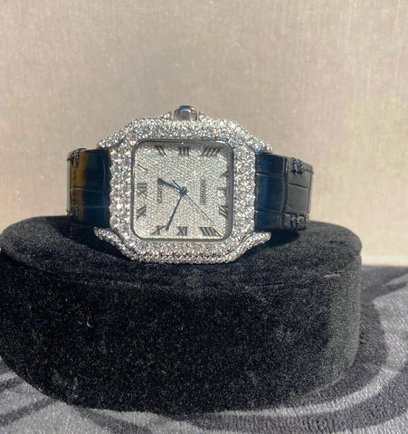 Black Leather Belt Moissanite Diamond Hip Hop Watch