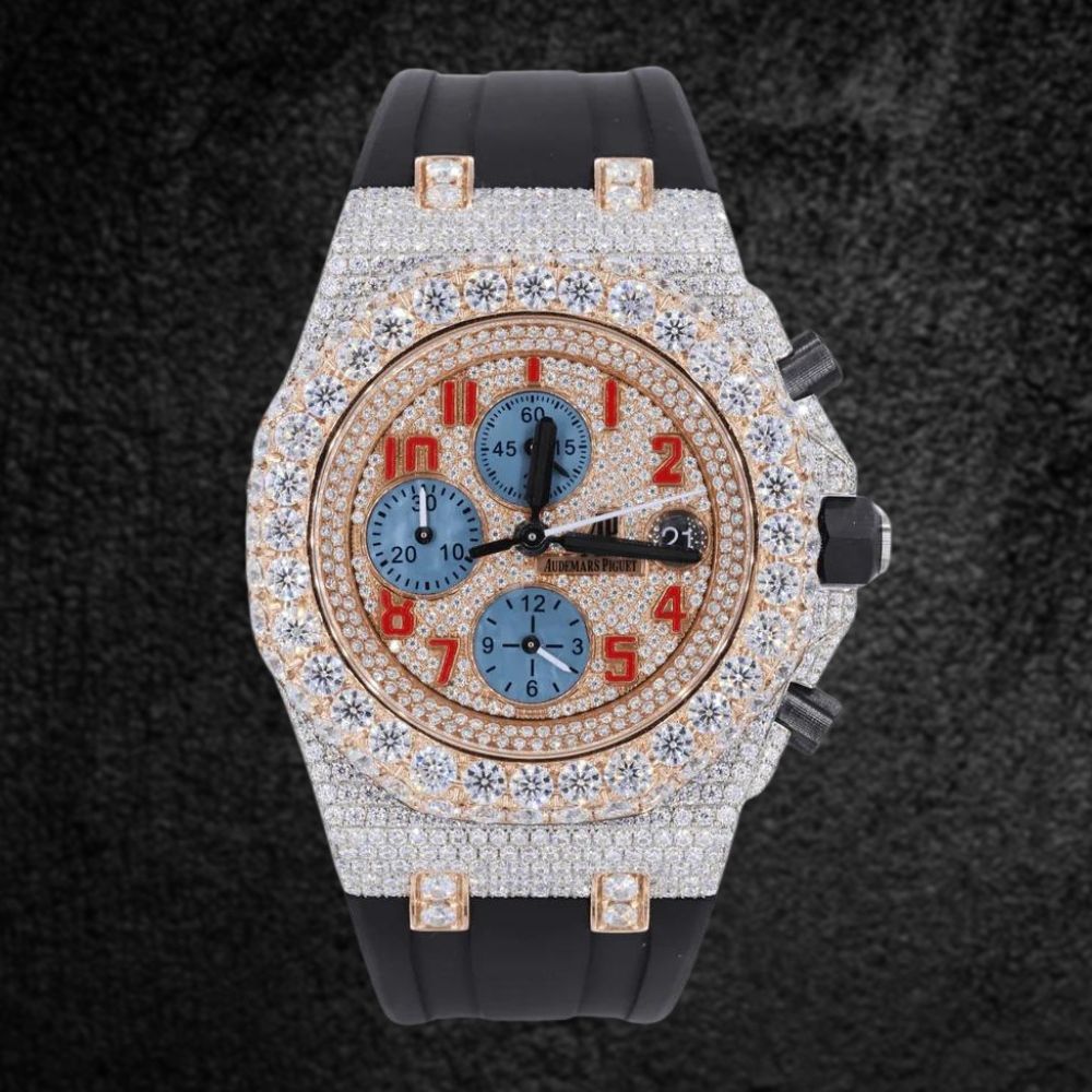 Black Rubber Belt Moissanite Fancy Stylish Watch For Men's