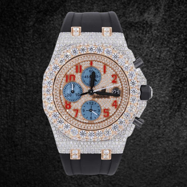 Black Rubber Belt Moissanite Fancy Stylish Watch For Men's