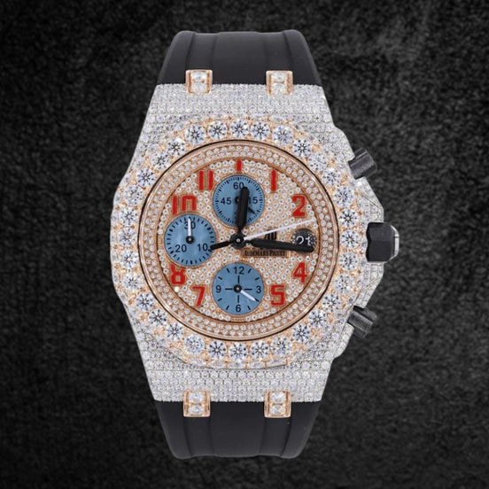 Black Rubber Belt Moissanite Fancy Stylish Watch For Men's