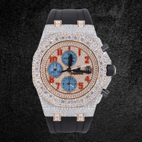 Black Rubber Belt Moissanite Fancy Stylish Watch For Men's