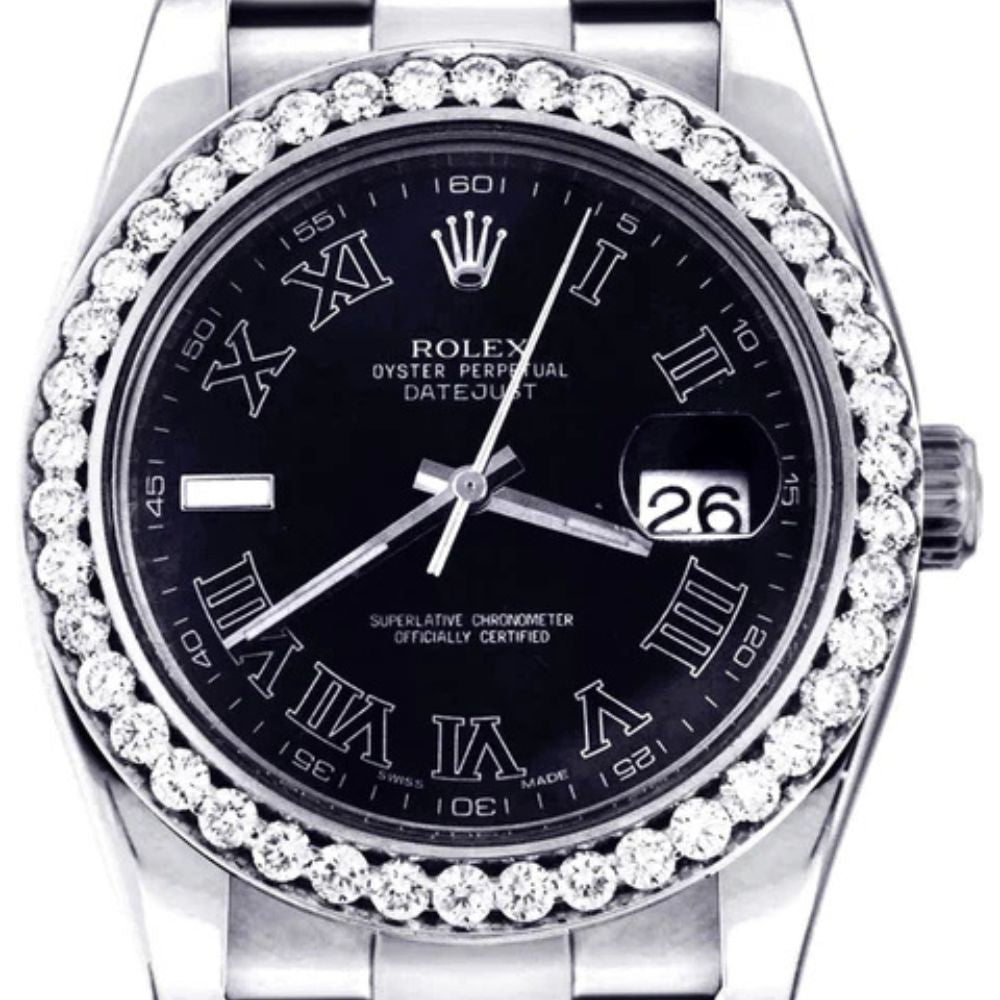 Stainless Steel Black Roman Numeral Dial Moissanite Watch