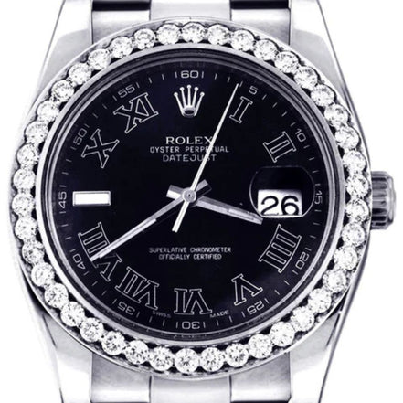 Stainless Steel Black Roman Numeral Dial Moissanite Watch