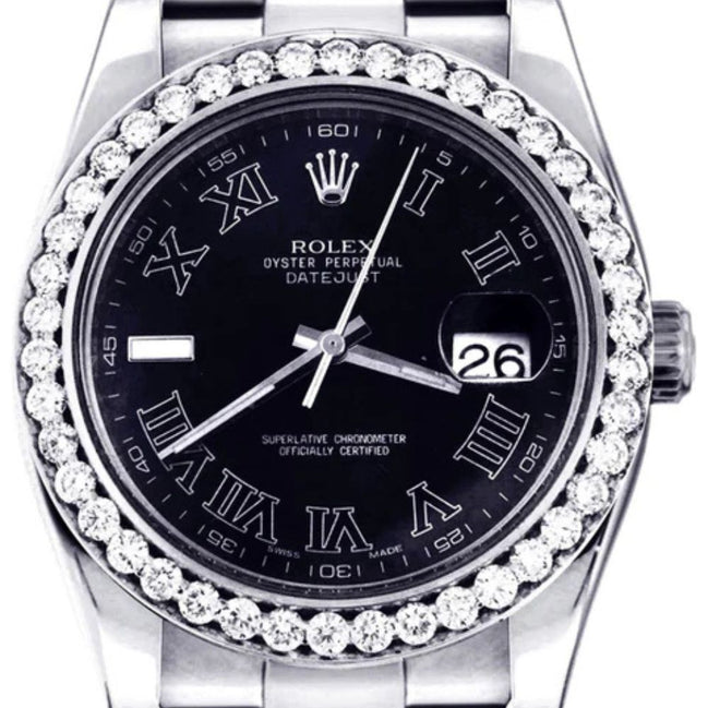 Stainless Steel Black Roman Numeral Dial Moissanite Watch