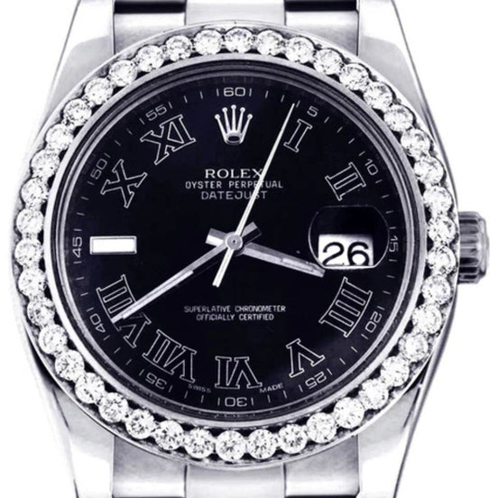 Stainless Steel Black Roman Numeral Dial Moissanite Watch