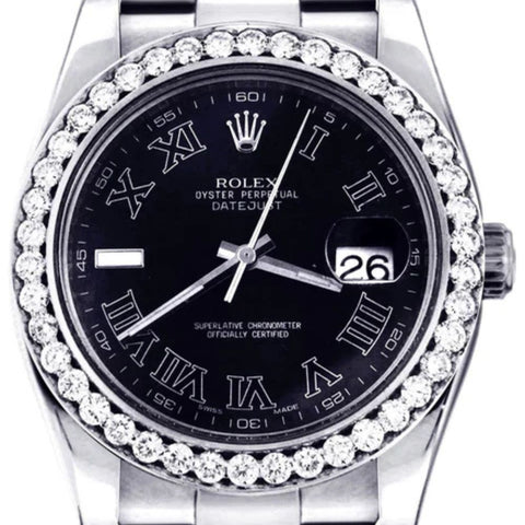 Stainless Steel Black Roman Numeral Dial Moissanite Watch