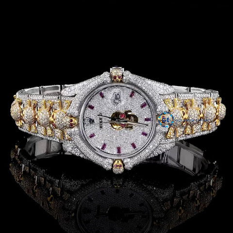 Dual Tone Bust Down Moissanite Luxury Skull Hip Hop Watch