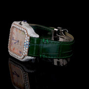 Green Color Leather Belt Moissanite Diamond Men's Watch