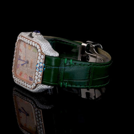 Green Color Leather Belt Moissanite Diamond Men's Watch