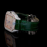 Green Color Leather Belt Moissanite Diamond Men's Watch