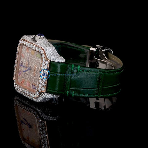 Green Color Leather Belt Moissanite Diamond Men's Watch