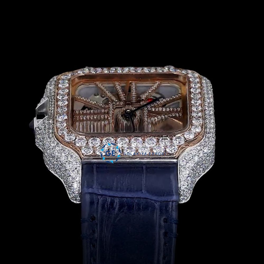 Awesome Blue Leather Belt Diamond Moissanite Watch