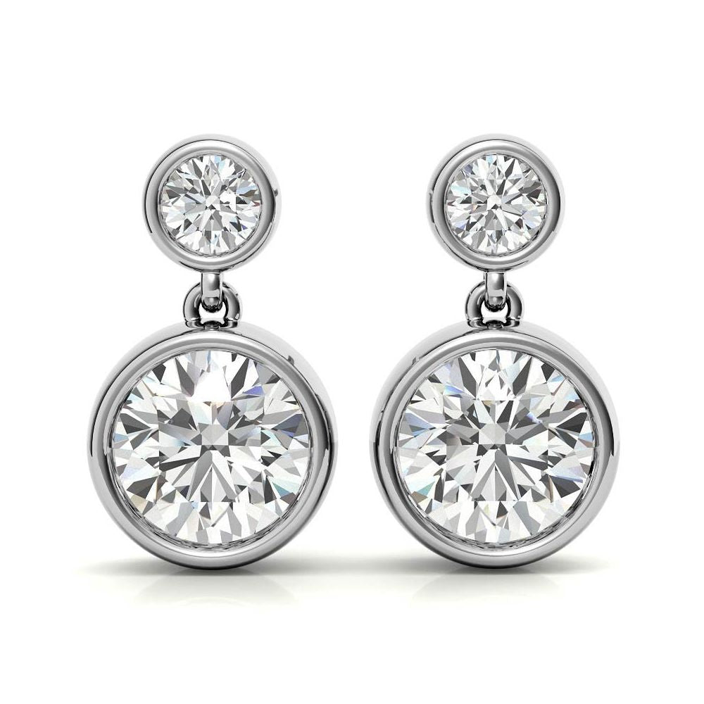 Bezel Set Double Round Cut Moissanite Drop Earrings