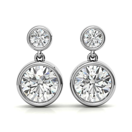 Bezel Set Double Round Cut Moissanite Drop Earrings