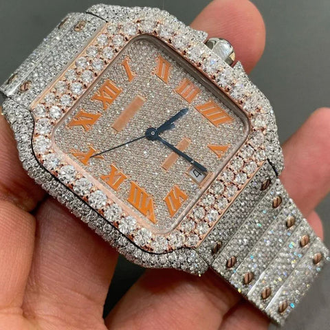 Orange Numerical Dial Moissanite Two Tone Watch