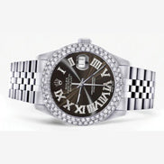 Custom Dark Brown Roman Numeral Dial Moissanite Wrist Watch