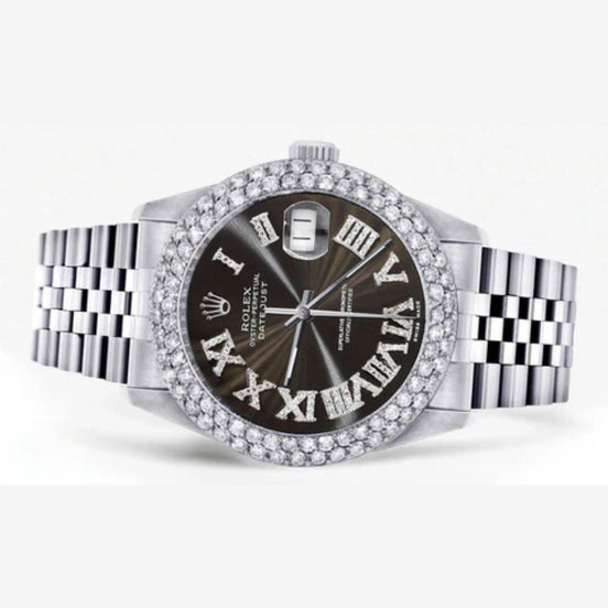 Custom Dark Brown Roman Numeral Dial Moissanite Wrist Watch