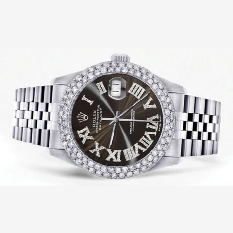 Custom Dark Brown Roman Numeral Dial Moissanite Wrist Watch