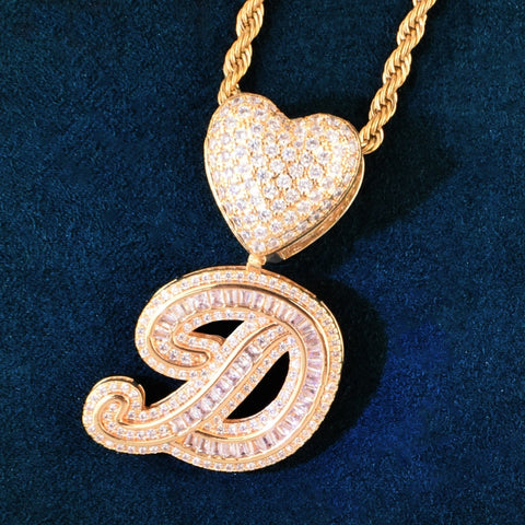 Baguette Cut Moissanite Heart Bail Initial Letter Pendant