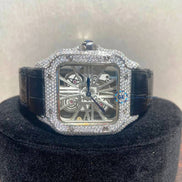 Skeleton Black Leather Belt Moissanite Watch