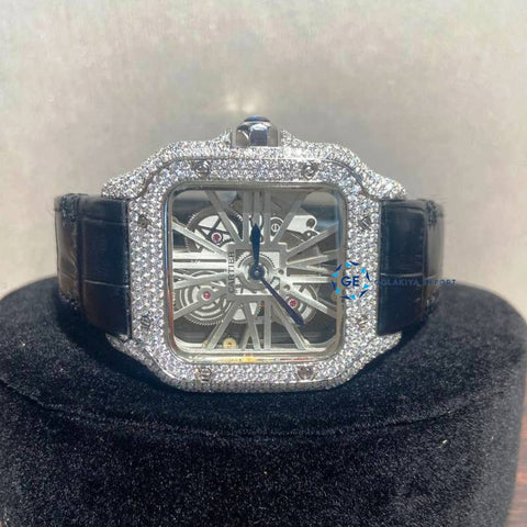 Skeleton Black Leather Belt Moissanite Watch