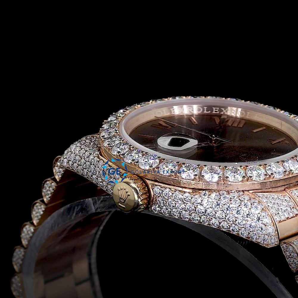 Brown Dial Day Date Moissanite Rose Gold Rapper Style Wrist Watch